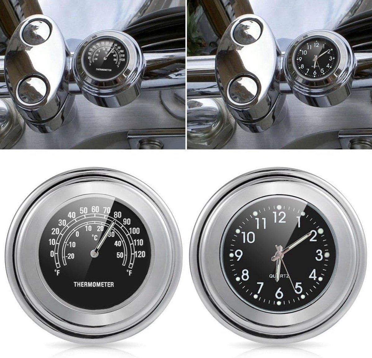 Solidchoice - Motorrijders Klok met Thermometer voor Handlebar Montage