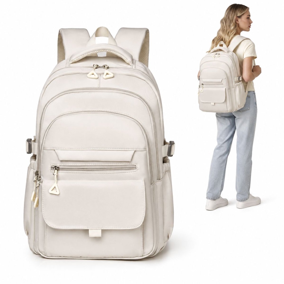 Bobypet - Rugzak - Schooltas voor Meisjes en Jongens - Ruime Rugzak voor Basisschool en Middelbare School - Lichtgewicht en Waterbestendig Nylon - 29x13x44 cm - Cadeau voor Scholieren - Beige