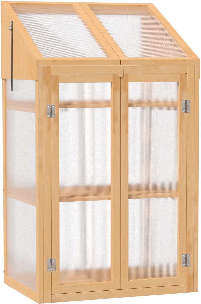 Houten kas – Stijlvol design - 70 x 50 x 120 cm - scharnierende deuren en dak - winterbestendige kas –Met 3 Legplanken - bruin Legplanken - Brown