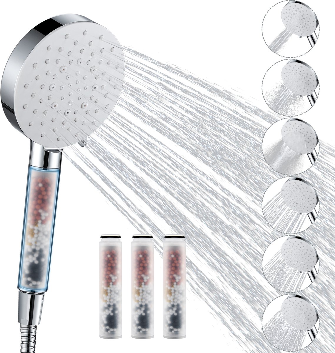 Auralum Max Douchekop met Filter - Douchekop Regendouche - 6 Sproeistanden - Waterbesparende - Luxe Handdouche - inclusief 4 Filters - Antibacterieel - Huid- en Haarvriendelijk - Doucheset - Chroom&Wit