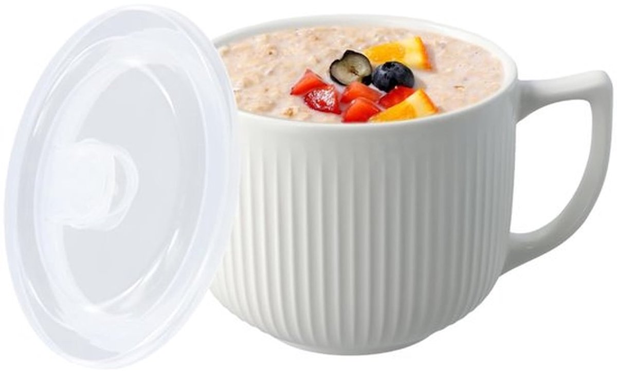 Ramenkom 900 ml - Magnetronkeramische Kom - Soepkom met Deksel - Handvat - Vaatwasmachinebestendig - Wit