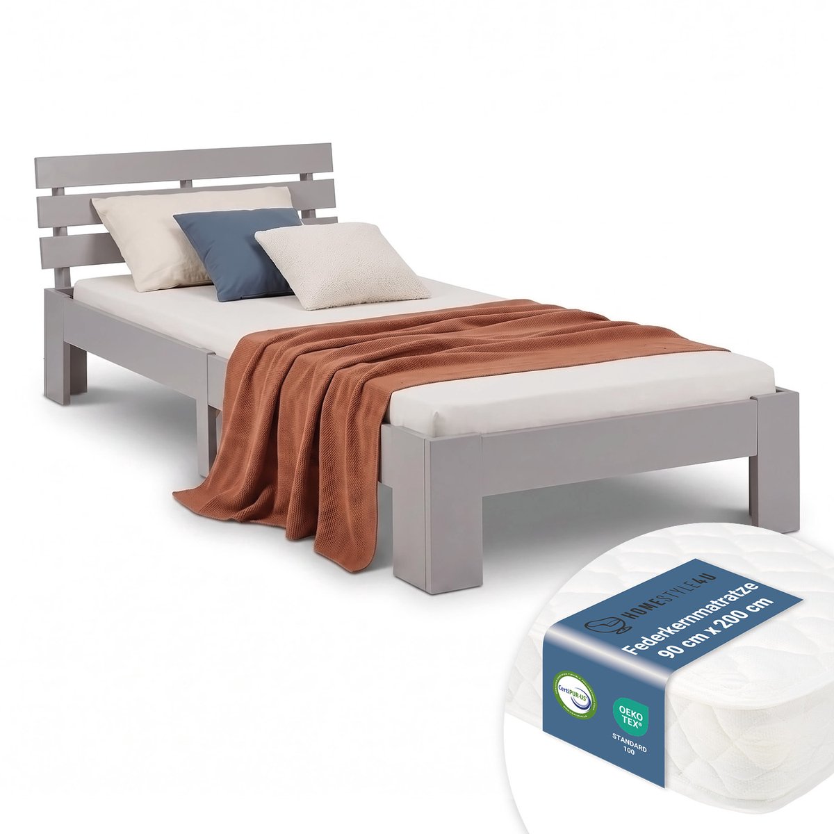 Homestyle4u Eenpersoonsbed - 90x200 cm - met Binnenveringmatras - Grijs