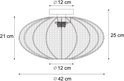 Afmetingen van een beige, ovale lampenkap: hoogte 21/25 cm, diameter 42 cm.