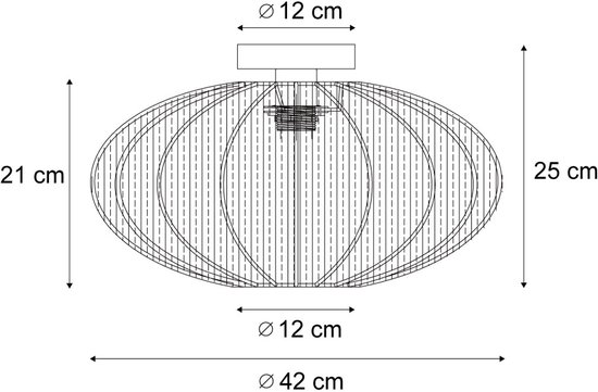 Afmetingen van een beige, ovale lampenkap: hoogte 21/25 cm, diameter 42 cm.