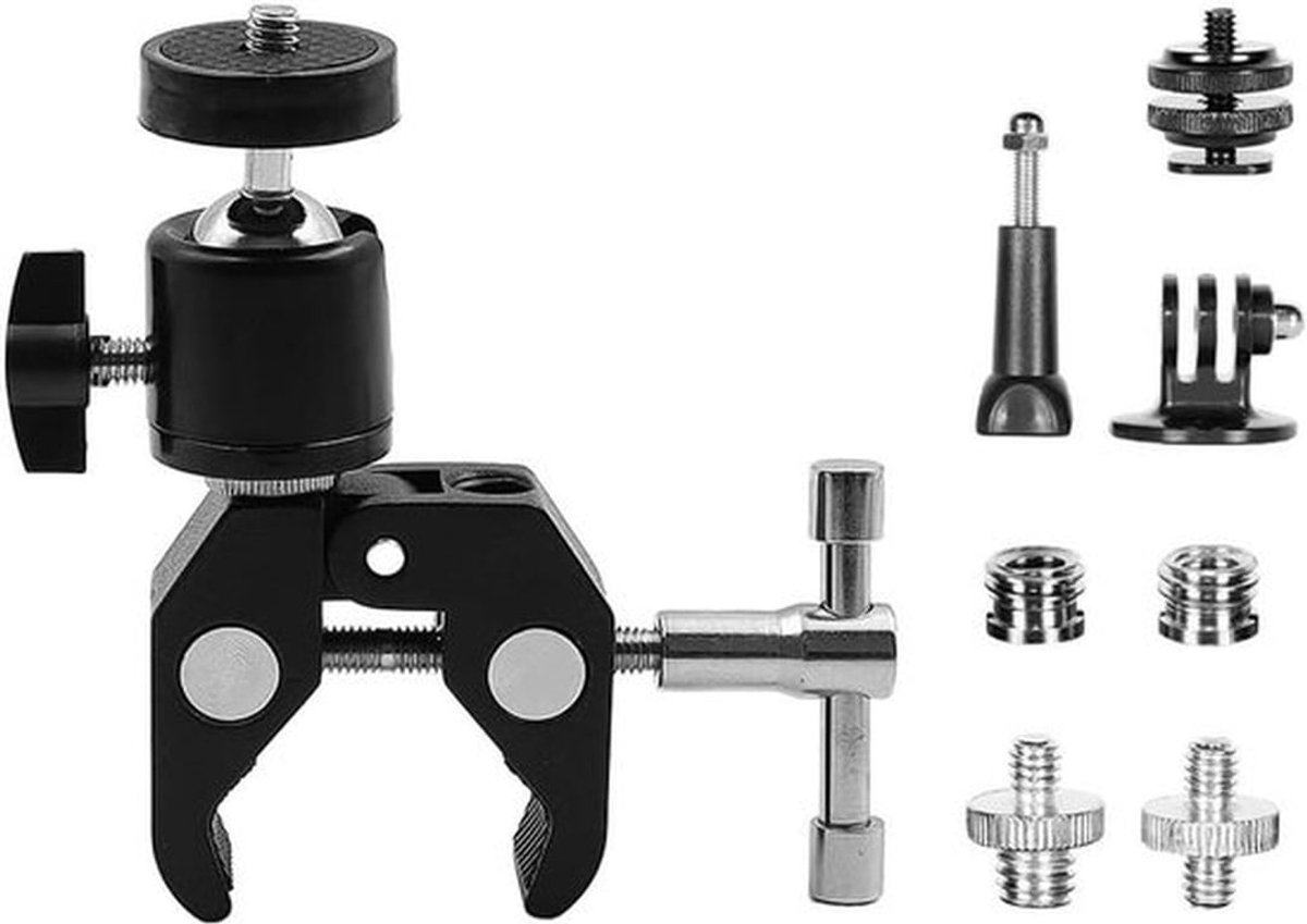 Camera Klem - Flitslicht - Universeel - Zwart - Statief LED Licht - Compatibel met Camera Modellen - Balhoofd Camera Mount Klem met 1/4 "3/8" Draad Adapter.