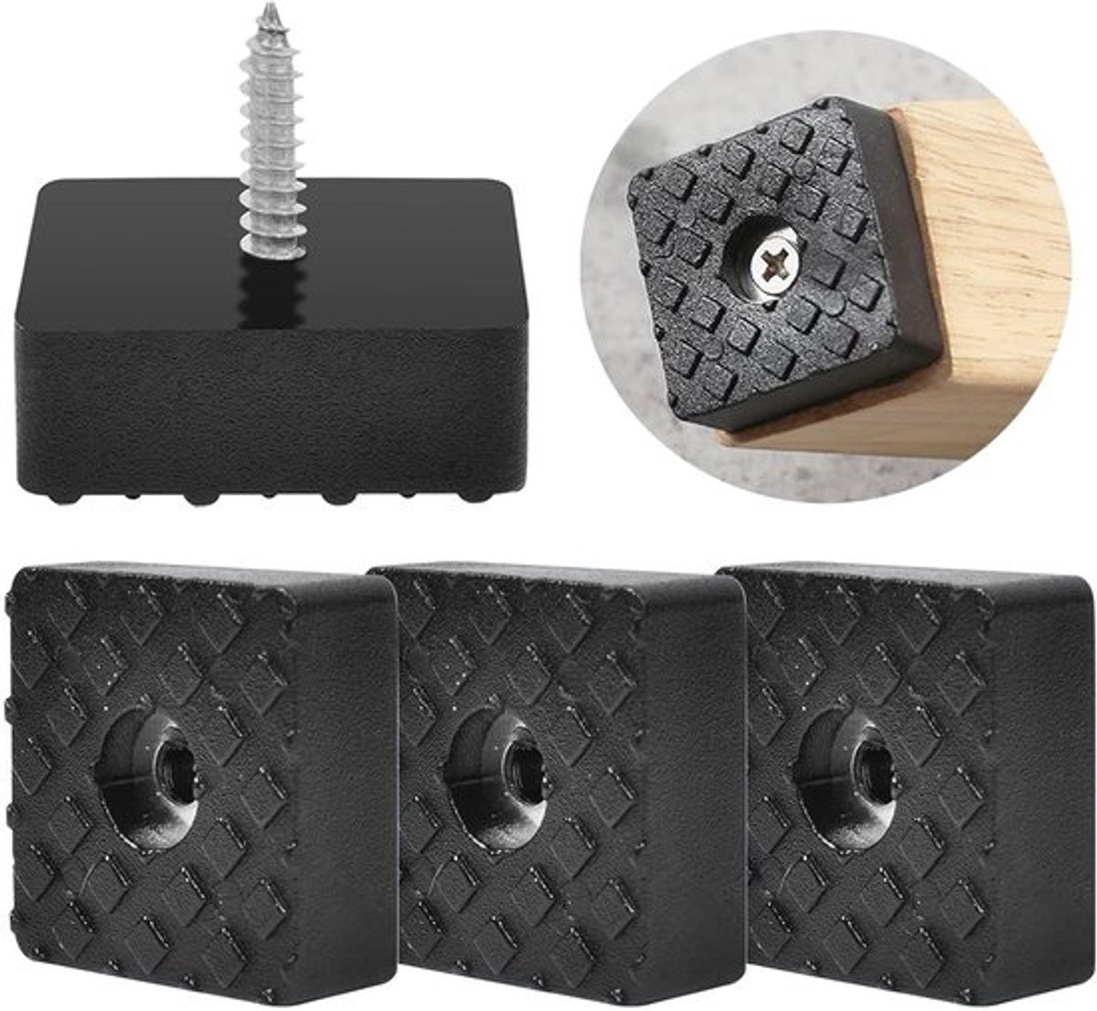 Set van 20 Zwarte Vierkante Rubber Voetjes met Schroeven voor Meubels, Antislip Meubelpoten, Vloerbescherming, 30 x 30 x 10 mm