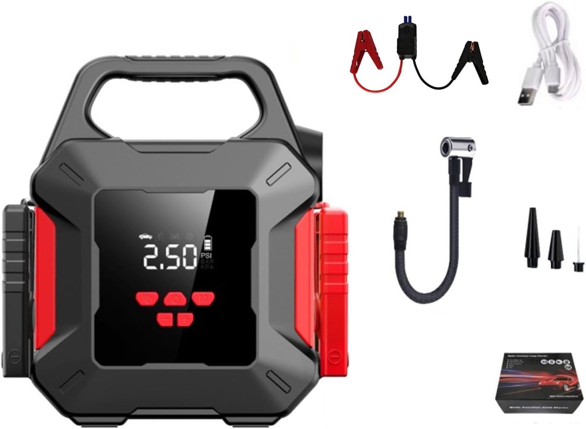 6-in-1 draagbare auto-startbooster, 26800mAh 296Wh 14,8V auto-accubooster met slimme startkabels en USB-uitgang