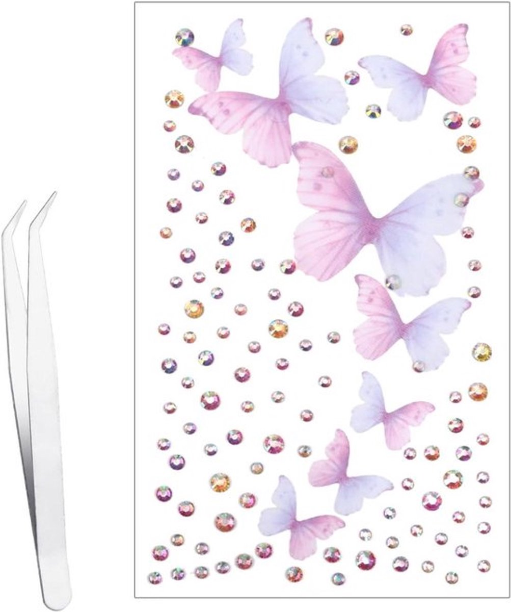 - Strassstickers - Zelfklevende - Gezichtsedelstenen met Pincet - Stoffen - Vlinders - Ronde Diamanten Stickers - Vrouwen - Nagels - Gezicht - Lichaamshaar - Festivals - Make-up - Blauw Paars