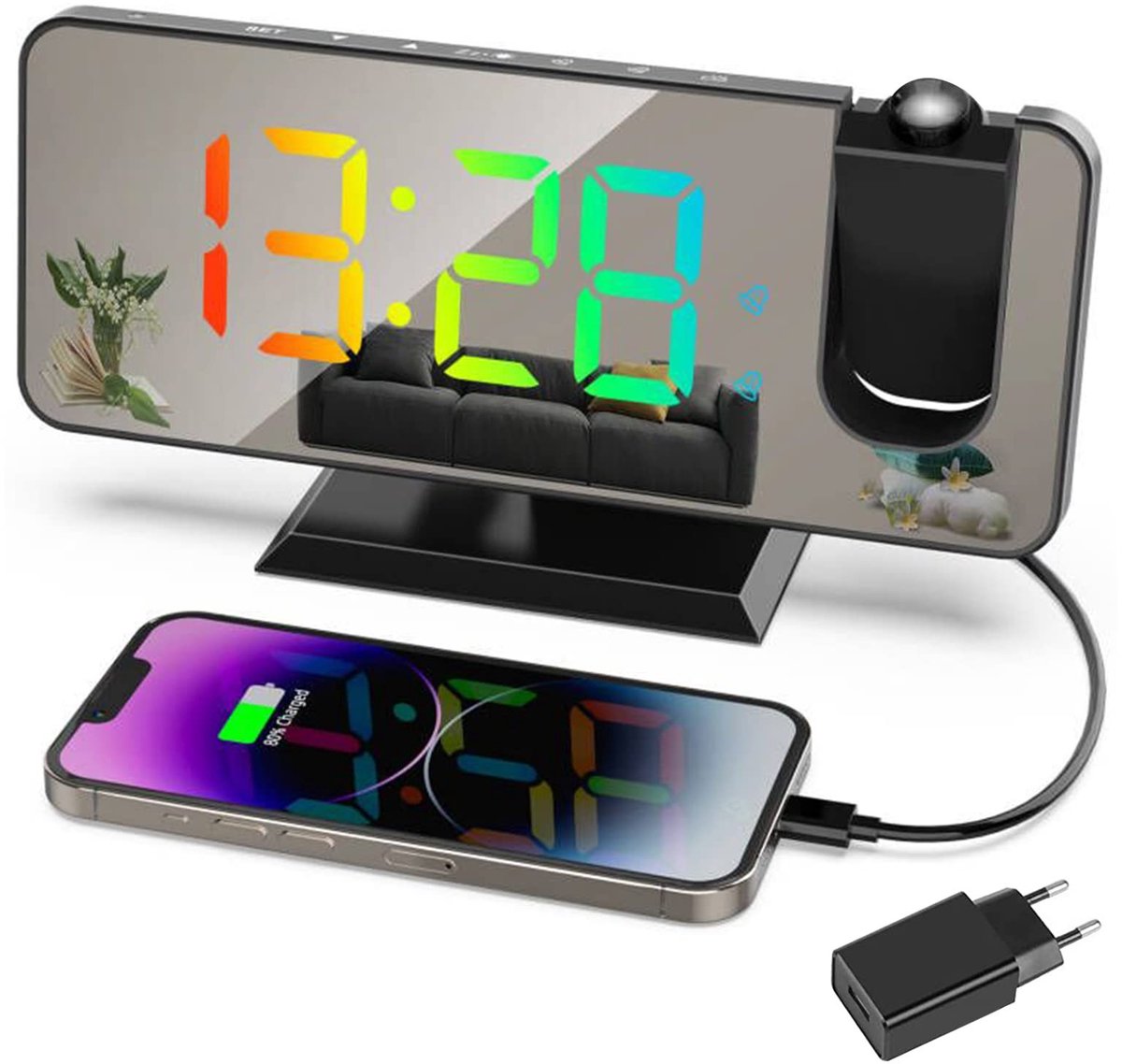 Solidchoice - Projectie Alarmklok met RGB Display en USB Poort