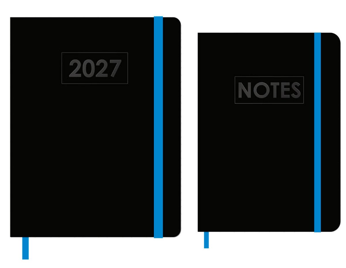 MGPcards - A5+ Agenda 2027 - Weekoverzicht 1w/2p - Zwart + Blauw elastiek - 19.5 x 24.5 cm + Notitieboekje/opschrijfboekje - gelinieerd - 80 pagina's - A5 - Zwart-Blauw