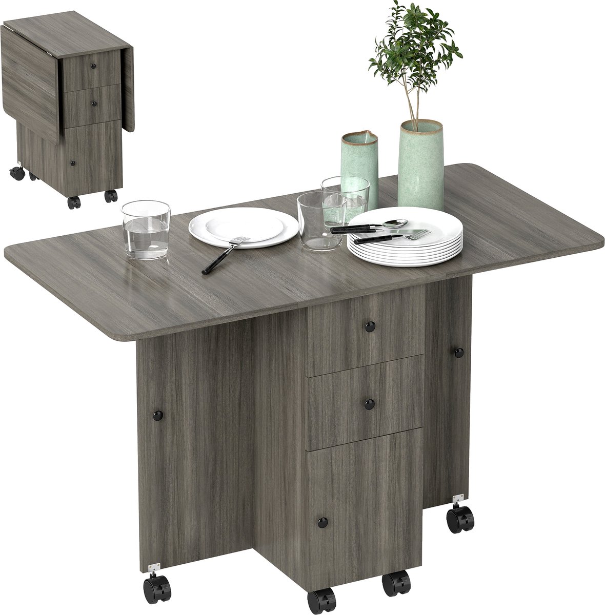 Keukentafel – opklapbaar – voorzien van 2 opklapbare dienbladen – 2 lades – 1 kast en 1 opbergrek – afmetingen 120 x 60 x 76,5 cm – grijs