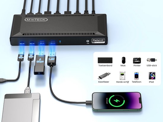 Een M-TECK dockingstation aangesloten op diverse apparaten, waaronder een smartphone, harde schijf en toetsenbord, muis, printer, USB-stick en kaartlezer.
