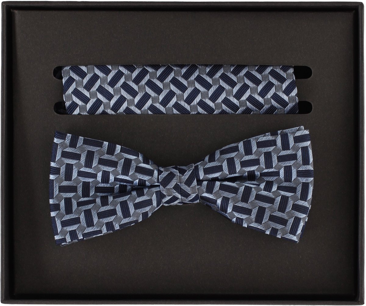 VENTI set met vlinderdas en pochet - donkerblauw - blauw - grijs dessin