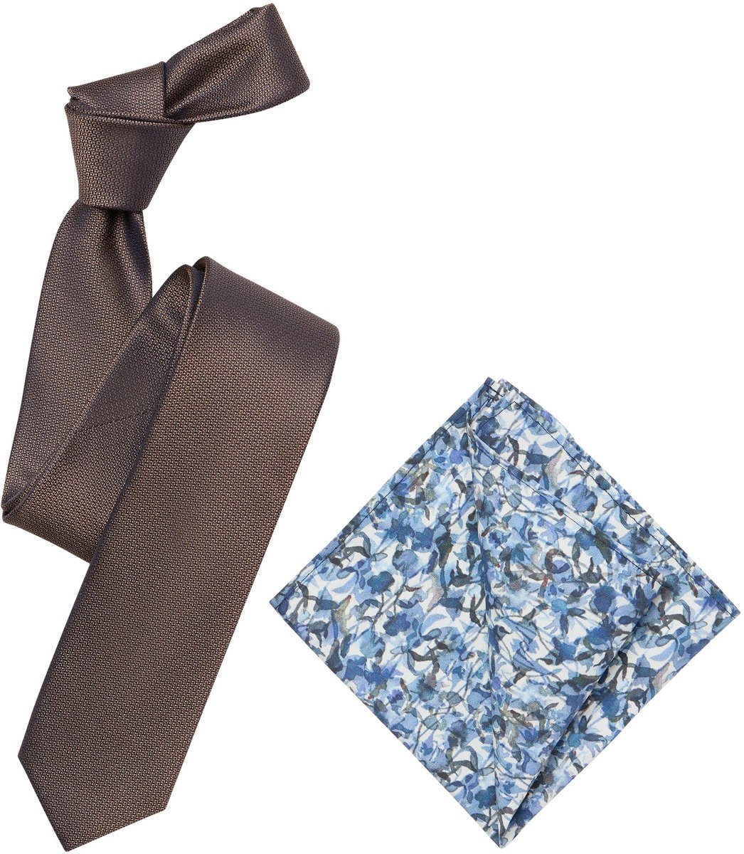 VENTI set met stropdas en pochet - bruin - blauw - wit dessin