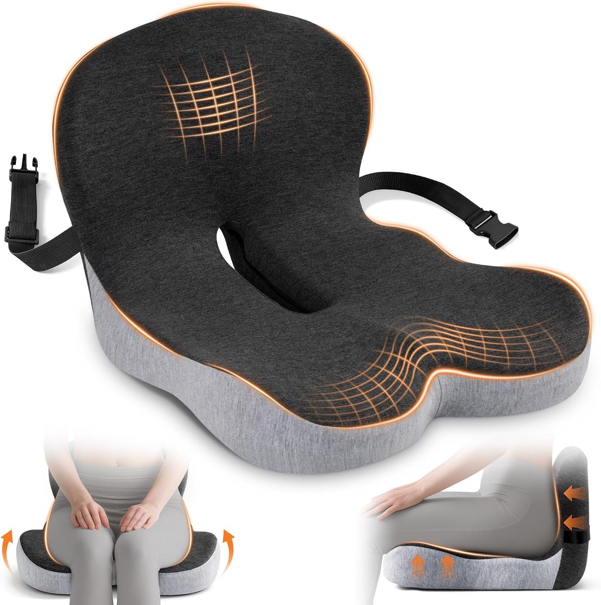 Memoryschuim zitkussen - L-vormig ergonomisch - drukverlagend en ondersteunend - voor langdurig zitten op kantoor - verstelbare antislip zitting - voor kantoormedewerkers - zwartgrijs - 44x42x32 cm - 1 stuk