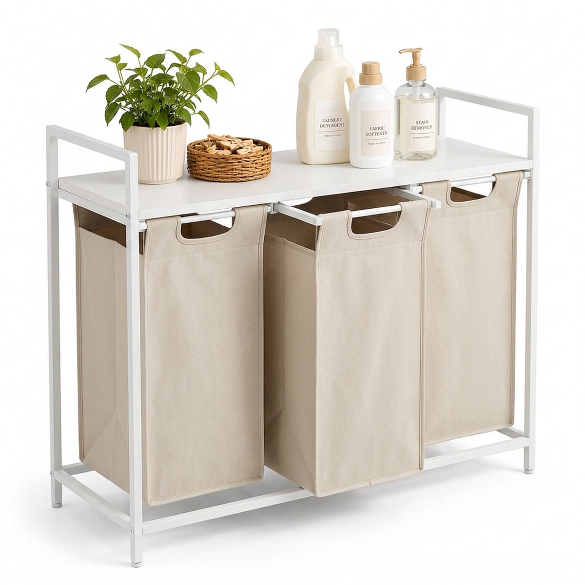 Wasmand - 3 vakken - met plank - wit-beige