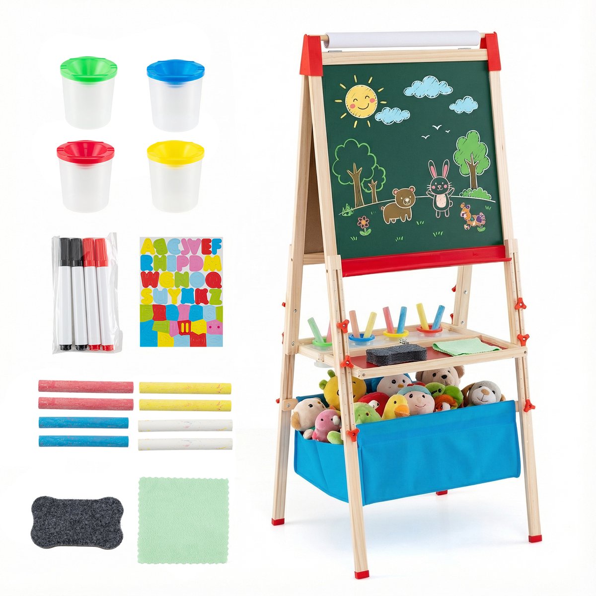 COSTWAY Houten kinderbord, dubbelzijdig speelbord met magneetbord en whiteboard, in hoogte verstelbaar met papierrol, 4 gekleurde bekers en opbergplanken, schildersezel voor kinderen vanaf 3 jaar