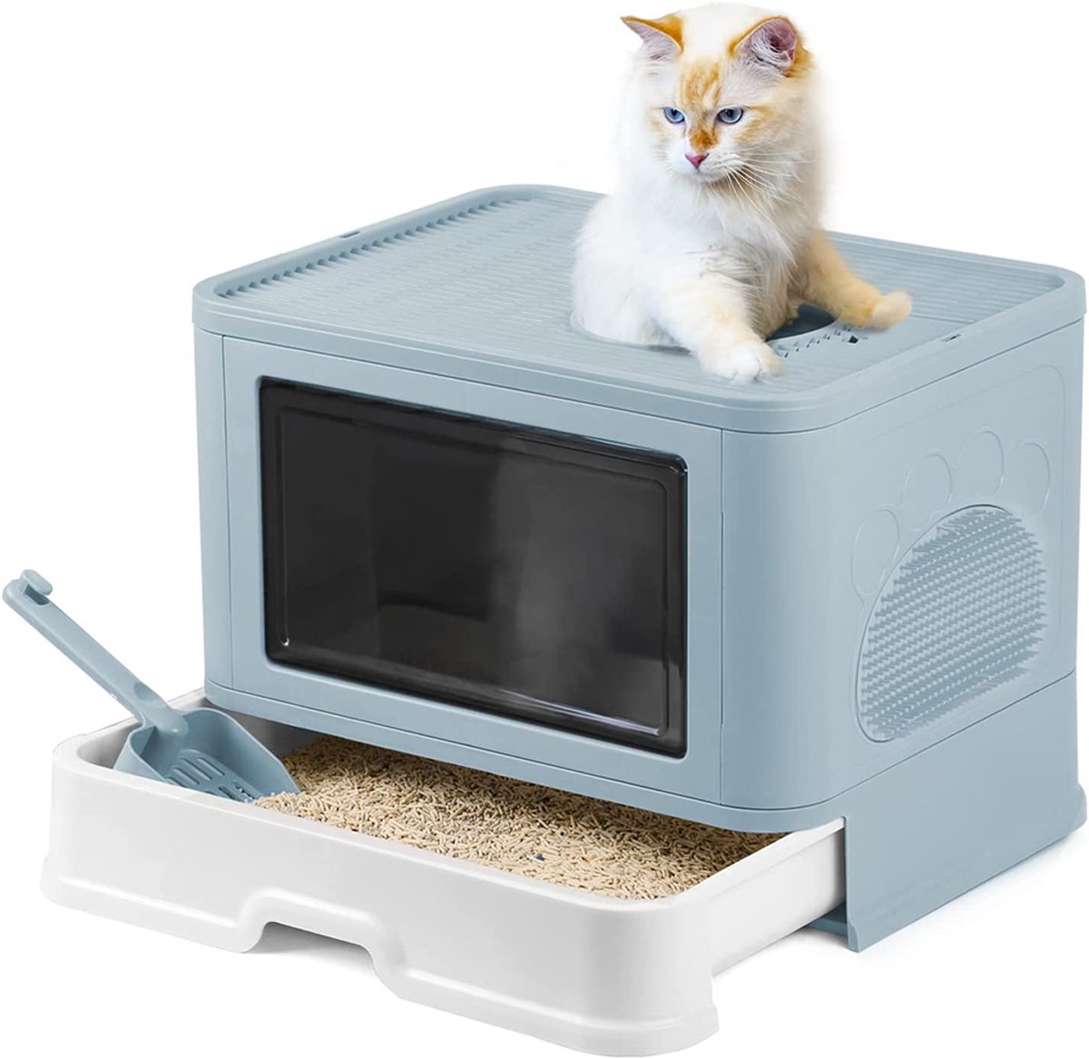 PIPIPOXER Kattenbak met lade -Kattentoilet - Opvouwbare Gesloten Kattenbak met Lade - 2 in 1 Open Kattenbak met Afneembare Deksel - Dubbele ingang/uitgang-50.8x40x37cm -blauw
