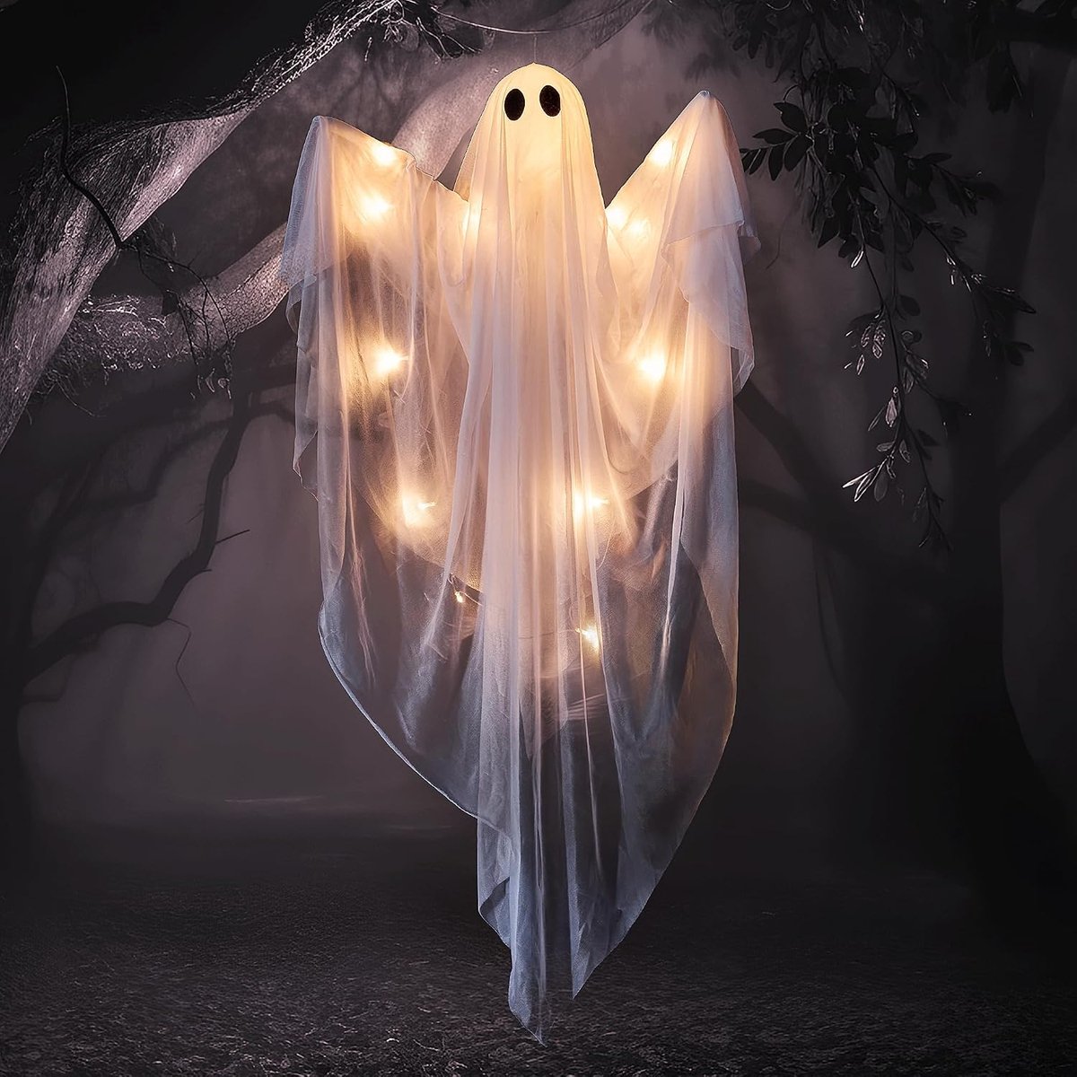 Daity Halloween verlichte hangende spookslinger - 119 cm witte spook - met warmwitte LED-verlichting - Geschikt voor voortuinen, terrassen, gazons, tuinen en feestdecoraties; kan zowel binnen als buiten worden gebruikt.