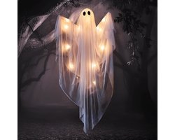 Daity Halloween verlichte hangende spookslinger - 119 cm witte spook - met warmwitte LED-verlichting - Geschikt voor voortuinen, terrassen, gazons, tuinen en feestdecoraties; kan zowel binnen als buiten worden gebruikt.