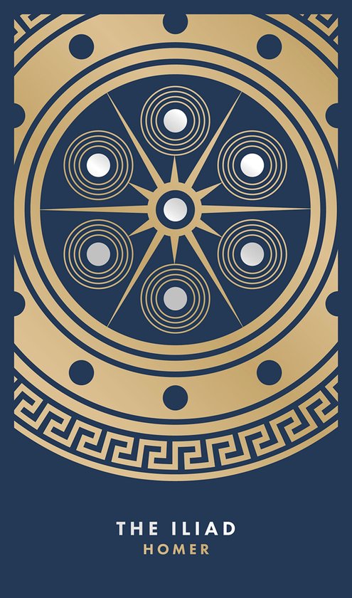 Conception circulaire dorée avec bordure de clé grecque et texte "THE ILIAD HOMER".
