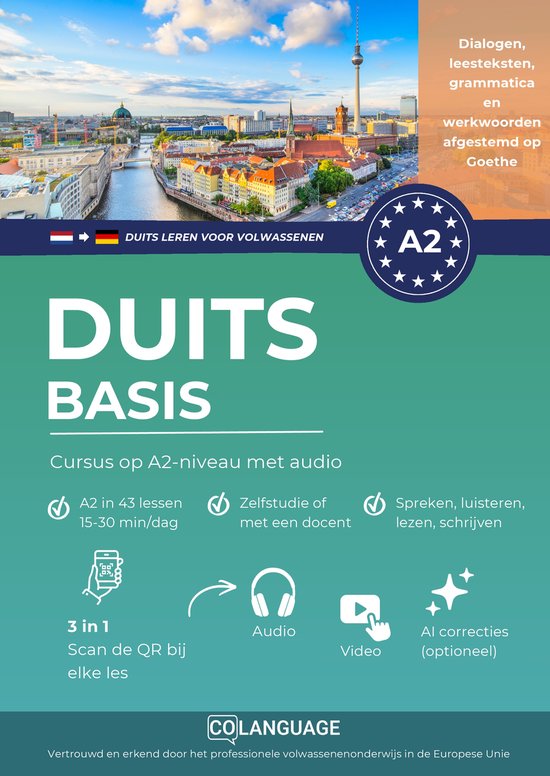 Visueel van een cursus Duits op A2-niveau genaamd 'DUITS BASIS'. Bevat iconen voor audio en video.