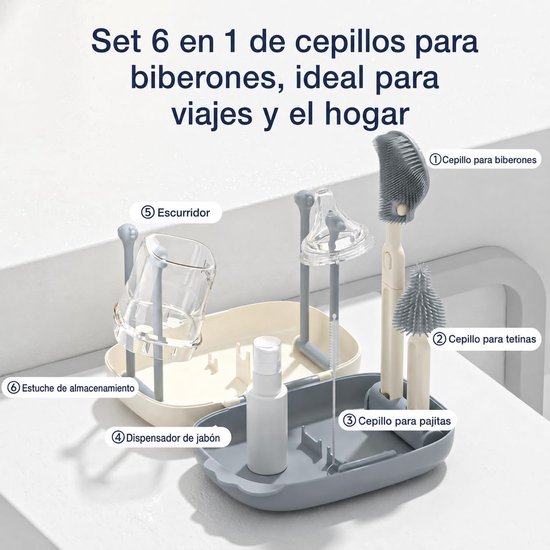 Flessenborstel - Flessenborstel baby - Baby flessen - Flessenborstel siliconen - Babyfles schoonmaken - 6-in-1 flessenborstel - Borstel voor borstkolf, speenborstel, rietjesborstel, zeepdispenser en draagbaar droogrek - Grijs — afbeelding 3