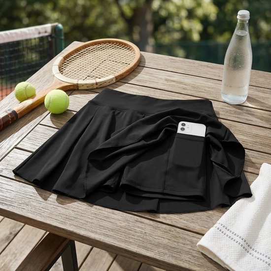 Zwart tennisrokje met shorts, hoge taille, zijvak voor telefoon, tennisracket en ballen op een houten tafel.