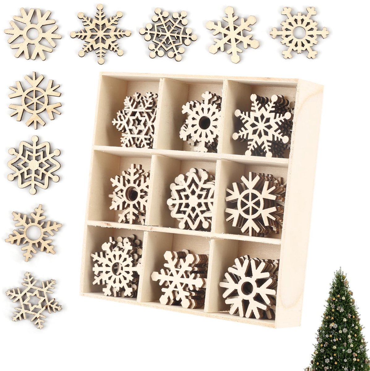 Solidchoice - 72 Stuks Houten Kerstboomversiering met Sneeuwvlokkenmotief
