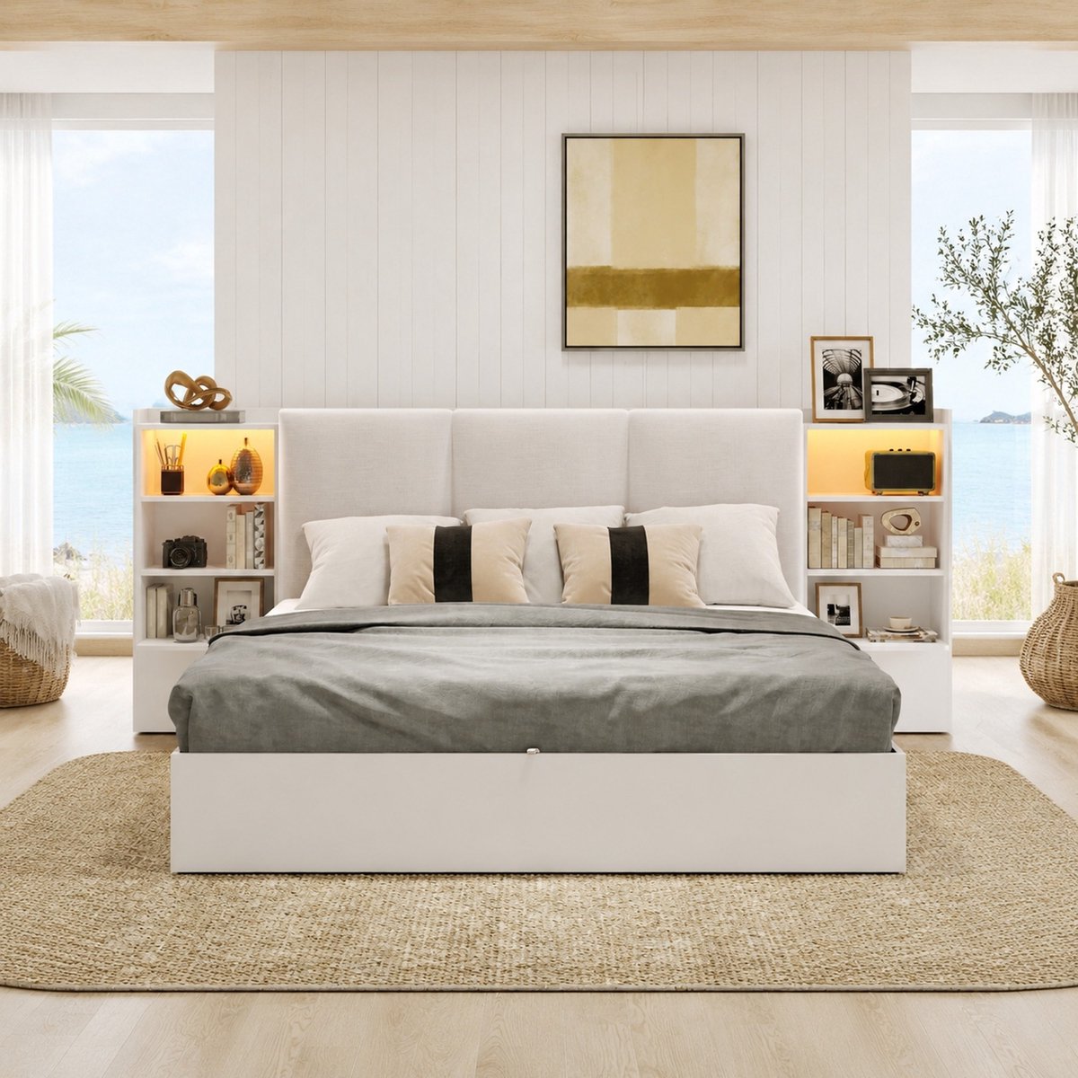 MODFU - Bedframe Met Opbergruimte En Verlichting - Wit - Tweepersoons
