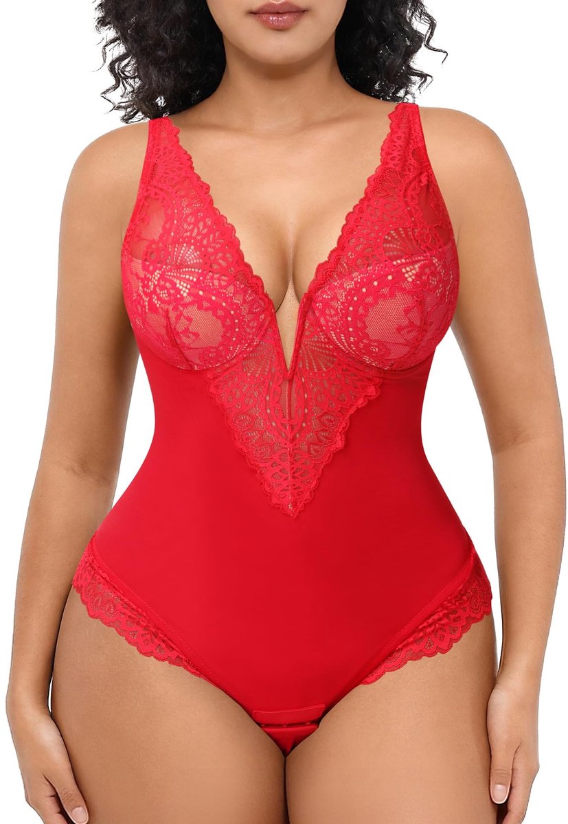 Solidchoice - Dames Lace Shapewear Bodysuit met Ondersteunende Beugel en V-Hals