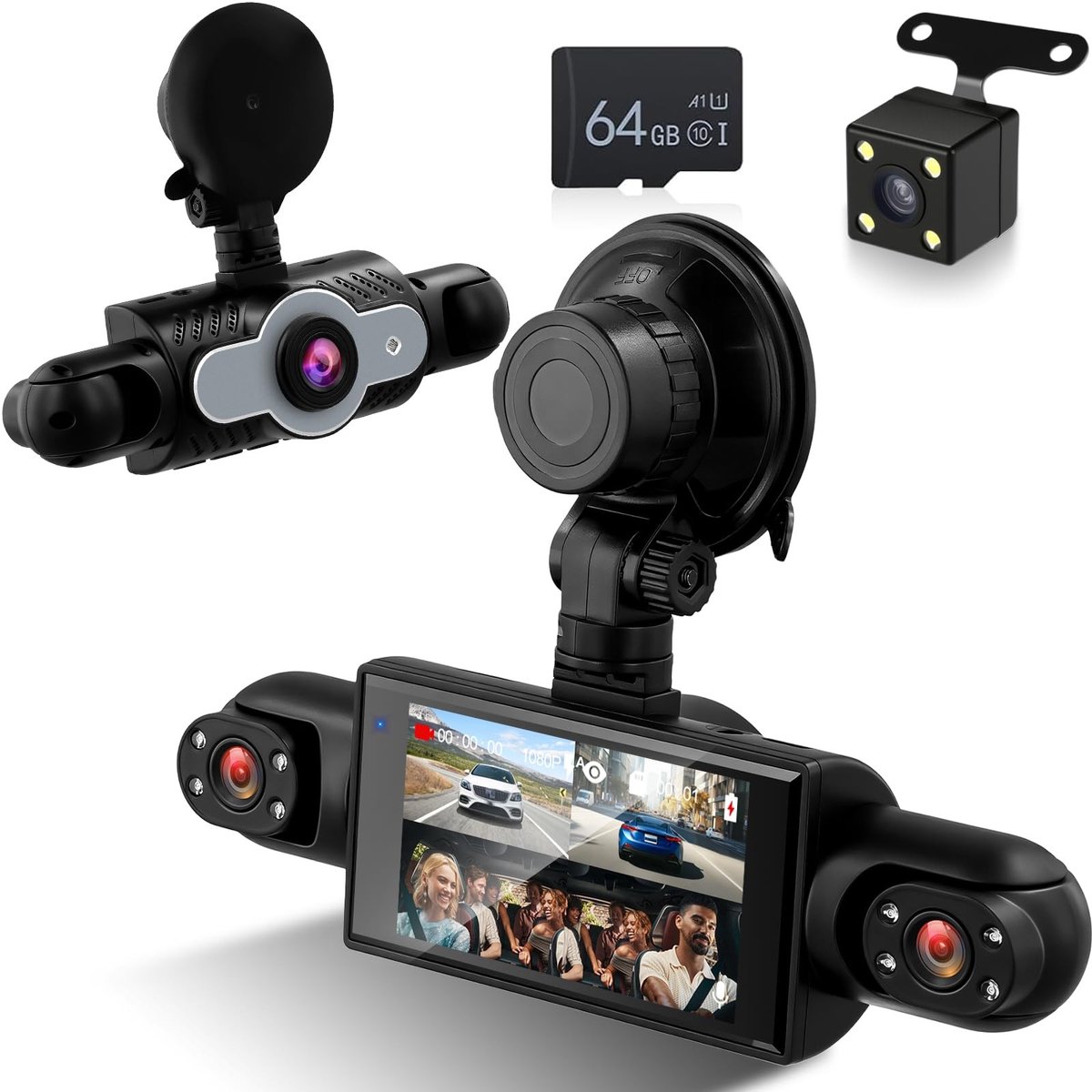 Solidchoice - 3 Inch 1080P 4-Kanaals Dashcam met 360° Opname