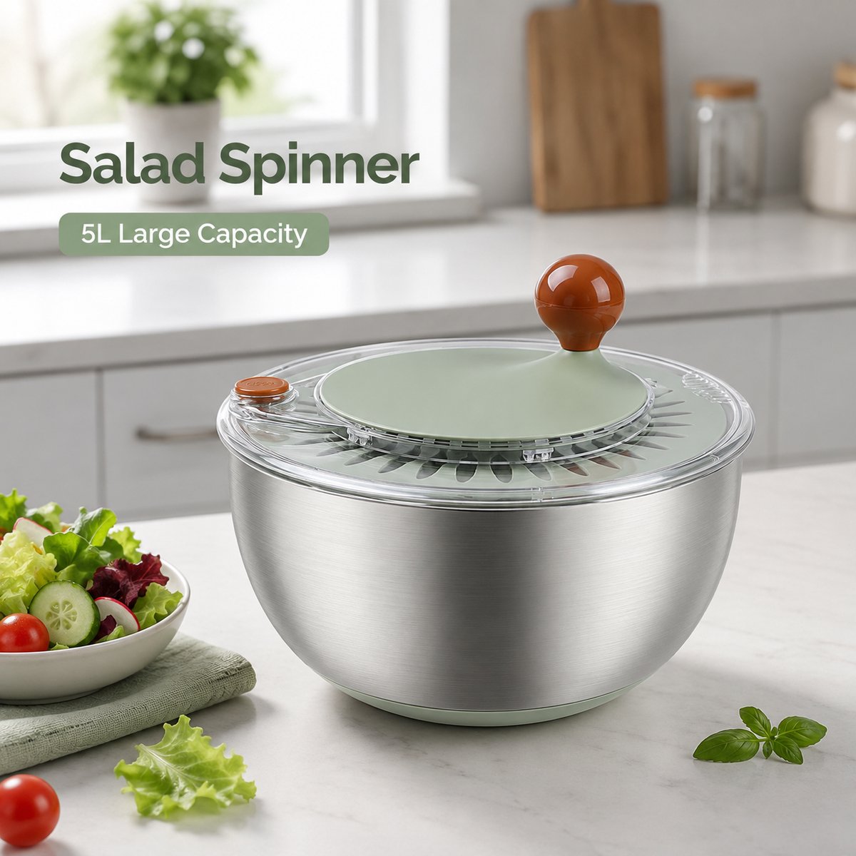 Oraymin RVS 304 Slacentrifuge 5L – Salad Spinner met Antislipvoet, Stopknop en Deksel – Grote Groenteslinger voor Sla en Groenten
