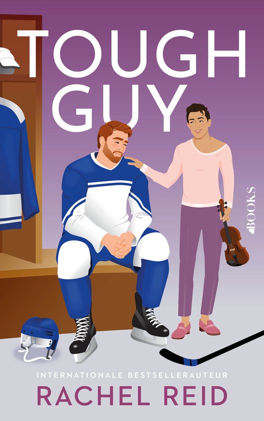 Jonge man in ijshockeytenue zit naast een vriend met een viool in een kleedkamer. 'Tough Guy' door Rachel Reid.