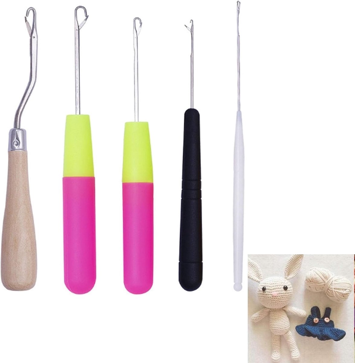 Complete Haaknaald Set met 5 Maten, Gebogen Microringnaald voor Haarverlenging en Tapijtproductie, Kleurige Knopen en Latch Hook Kit