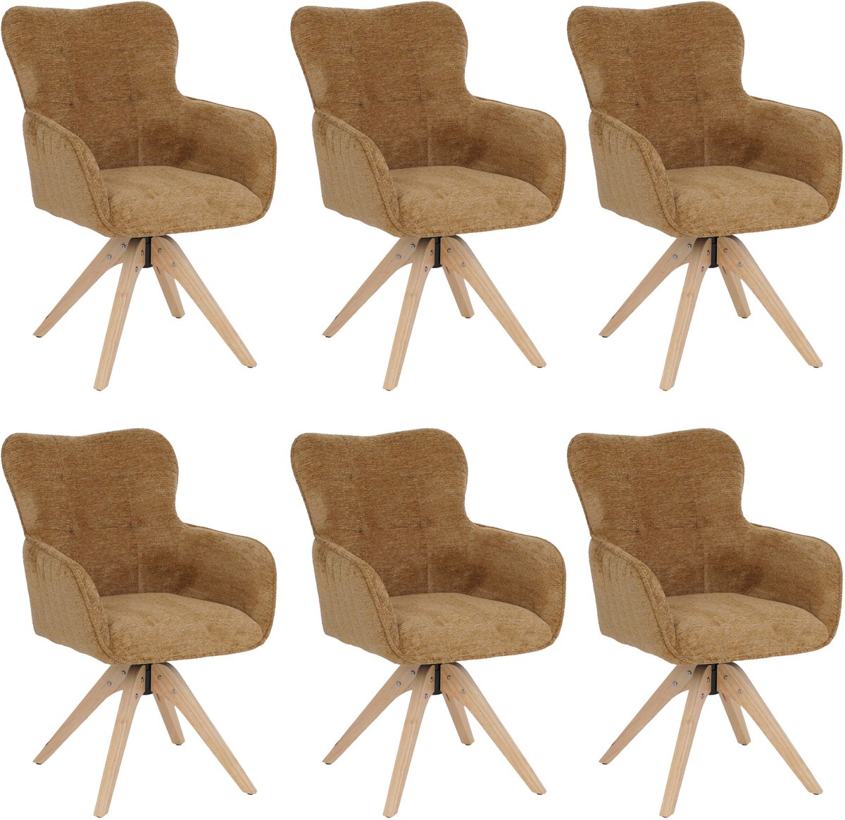 MCW Set van 6 eetkamerstoelen MCW-Q35, keukenstoel met draaibare armleuningen, chenille (680 g/m²), hout MVG ~ mosterdgeel
