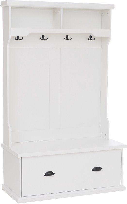 Witte halgarderobekast met 4 zwarte haken, een zitbank met lade en bovenkasten.