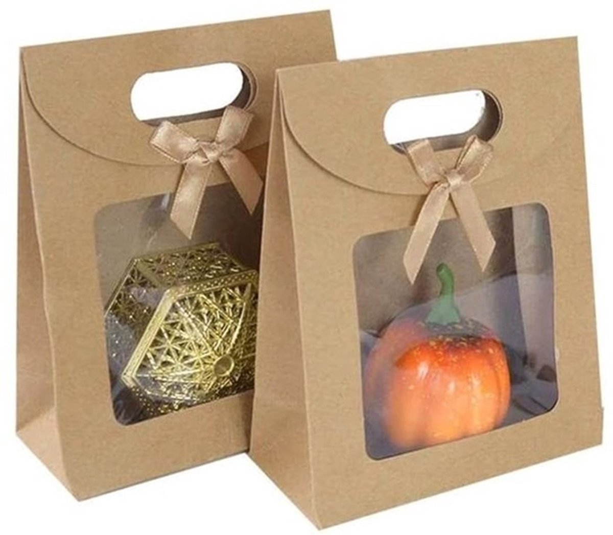 20 Stuks Bruine Papieren Zakken Met Venster en Handvat, Cadeauzakjes Voor Het Verpakken Van Snoep, Koekjes, Snacks, 20 x 14 x 7