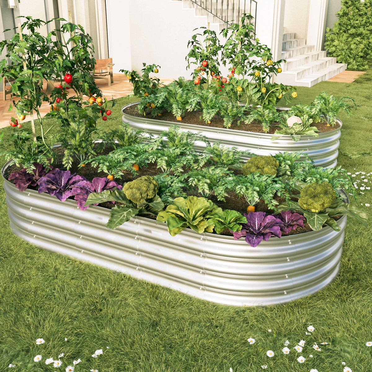 Moestuinbak - 2-Delige Set - 182,9 X 91,5 X 30,5 Cm - Metaal - Zilver - Voor Groenten, Bloemen En Kruiden - Open Bodem