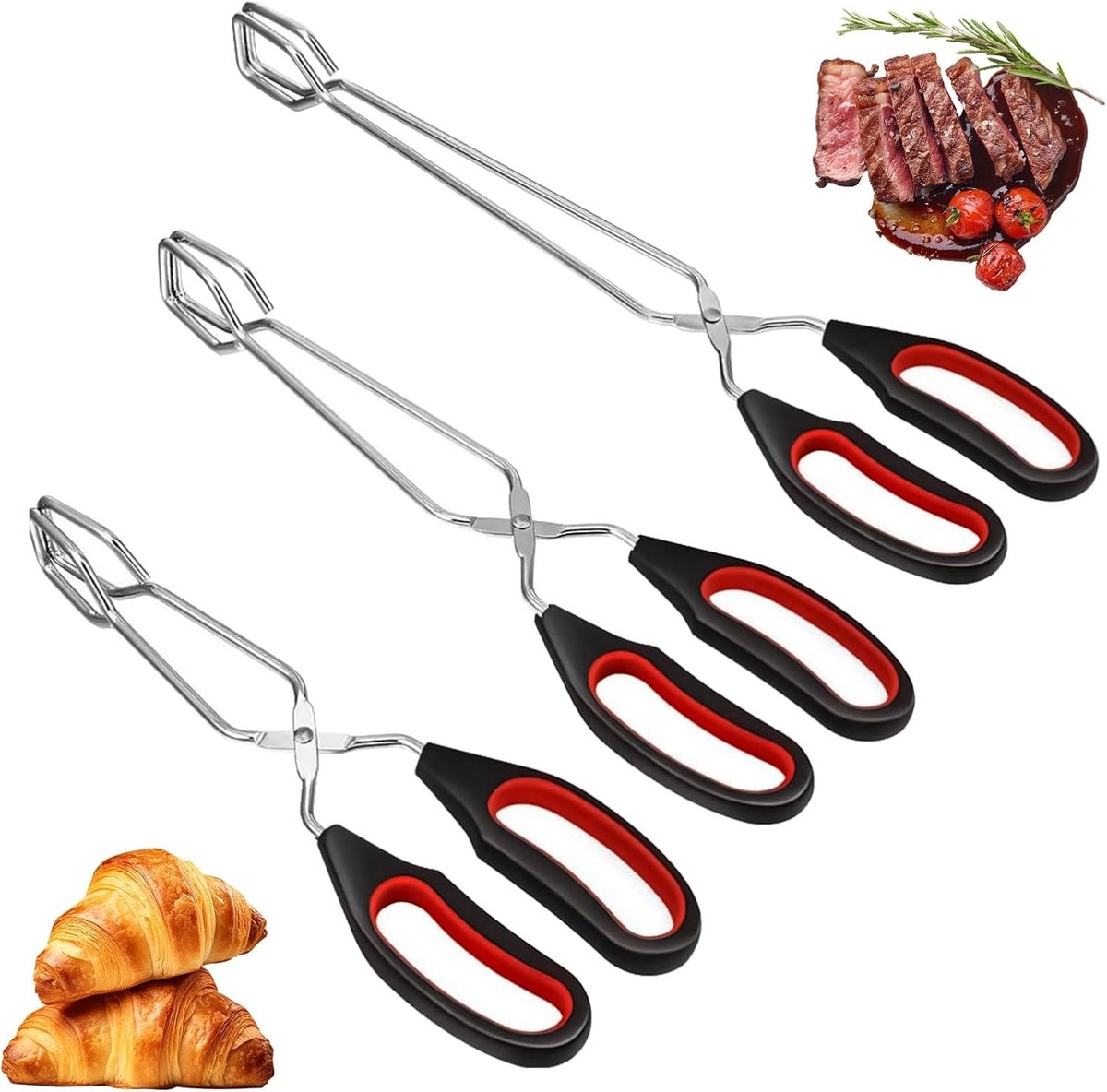 Set van 3 RVS Grilltangen, Schaar Tangen voor BBQ en Koken, Perfect voor Vlees en Groenten