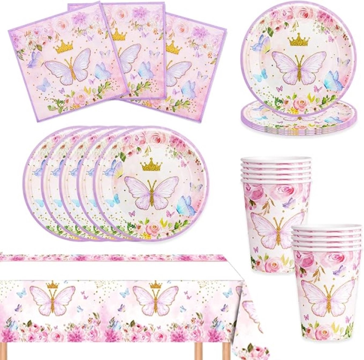 Vlinder Feestserviesset voor 10 Gasten - 41 Delig Papieren Servies met Borden, Bekers, Servetten en Tafelkleed voor Meisjes Verjaardag