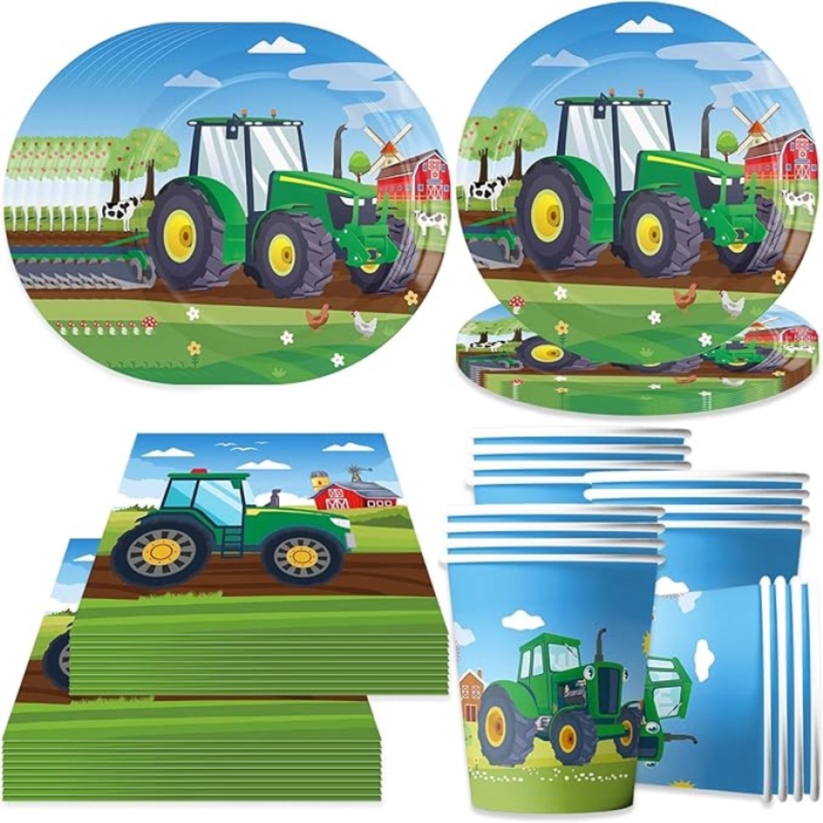 Tractor feest servies voor 16 gasten - 16 papieren borden, 16 bekertjes en 20 servetten - Groen