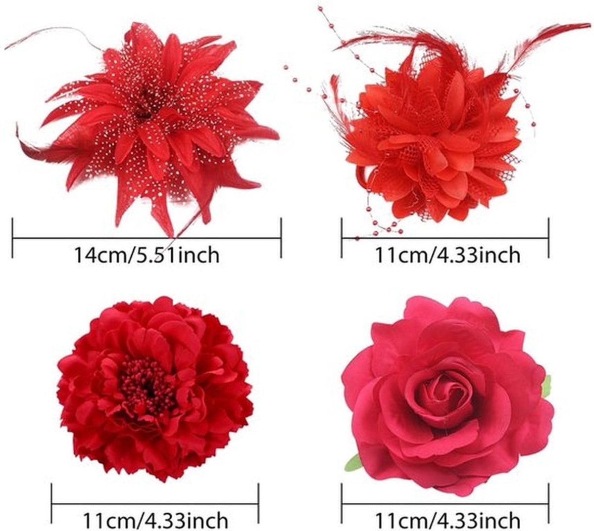 Haarclip Bloem - 4 Stuks - Kunstbloem - Haarspeld/Broche - Feestdecoratie - Diameter 11-15 cm - Vervormt Niet