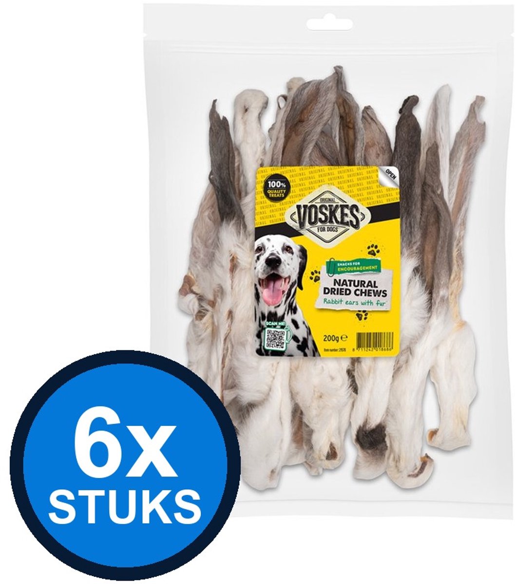 6x Voskes Konijnenoren met Vacht - Hondensnack - 200g
