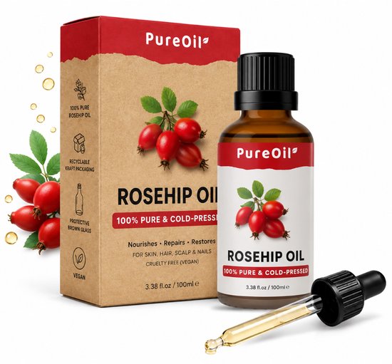Boîte et flacon d'huile de rose musquée PureOil, avec des cynorrhodons. La boîte montre des informations sur le produit et l'emballage.