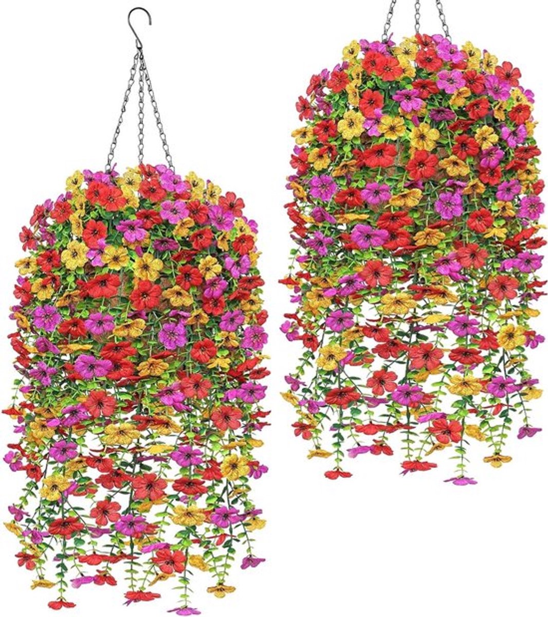 Set van 2 Hangende Kunstbloemen met Mand, UV-bestendige Nepplanten voor Buiten, Perfect voor Tuin en Terras in Paars, Geel en Rood
