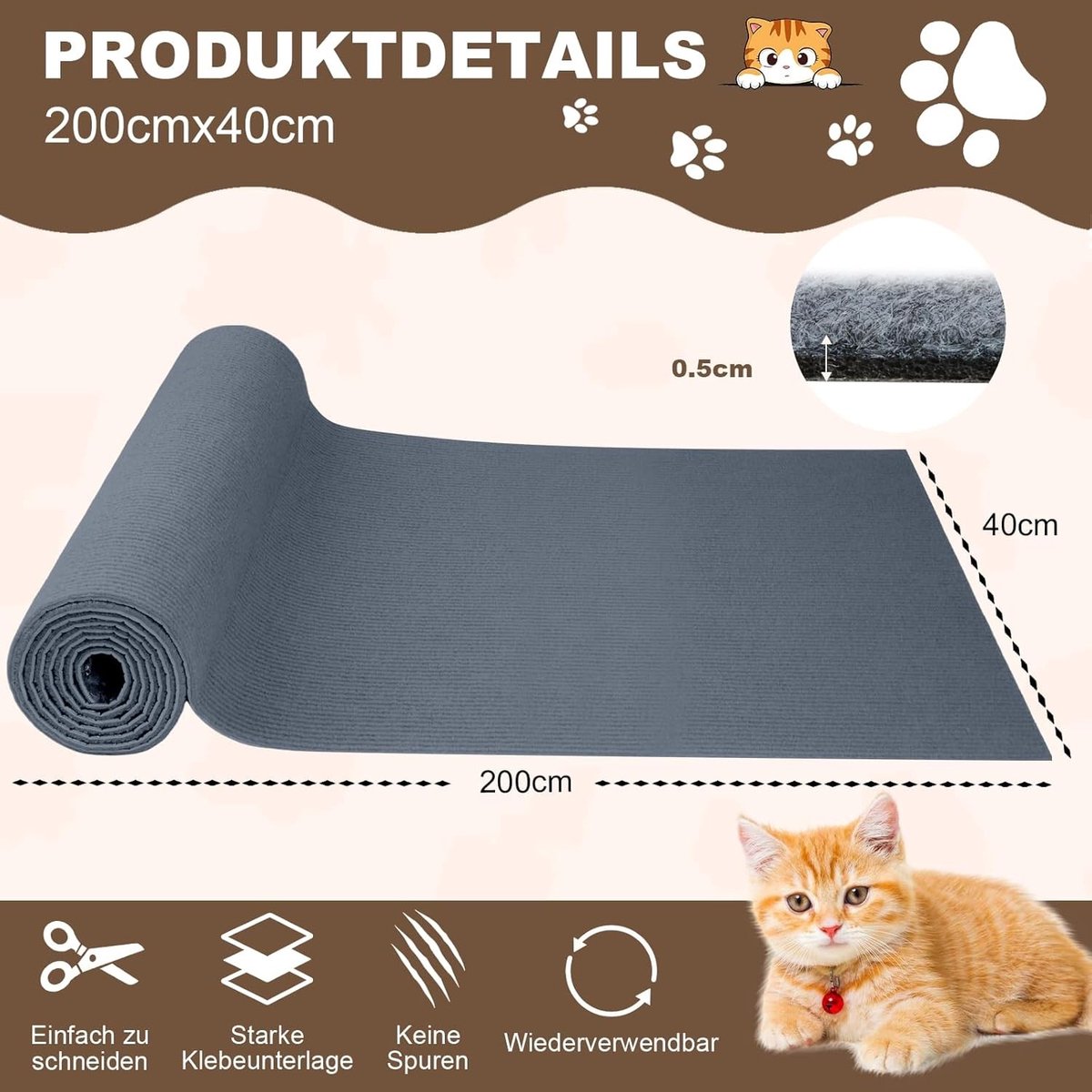Zelfklevende Krabmat voor Katten - Aanpasbare Krabwand voor Meubels, Bescherming tegen Krassen, Ideaal voor Sofa's en Interieur (40 x 200 cm, Lichtgrijs)