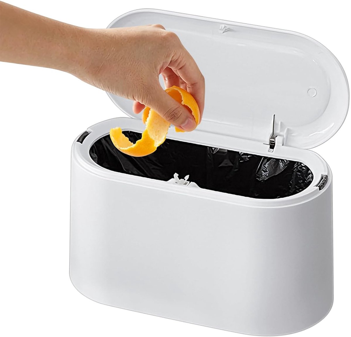 Mini prullenbak met afneembaar deksel- kleine afvalbak van plastic- opklapbare afvalbak voor op het aanrecht- pluizenbak voor badkamer- kantoor- keuken- bureau (wit)