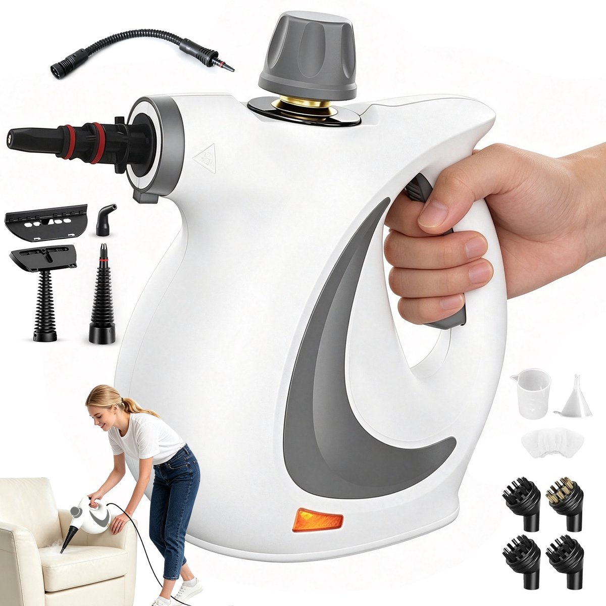 Hogedruk Stoomreiniger - Handstoomreiniger - Draagbare Steam Cleaner - Handstomer - Snelle Opwarming - 110°C - Veiligheidsknop - Chemievrij Reinigen - 350 ml Tank - 12 Accessoires - Vlekkenreiniger - Voor Keuken Badkamer Ramen en Auto
