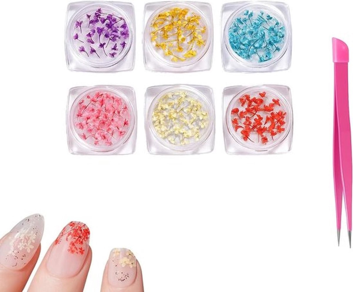 Natuurlijke droogbloemen voor nagels - Semi-permanente nageldecoratieset met bloemen en pincet - Roze - Manicure - Nagelkunst - Hars